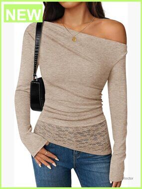 Long Sleeve Off Shoulder Top Boat Neck Lace Slim Fit Blouse Y2k Shirt